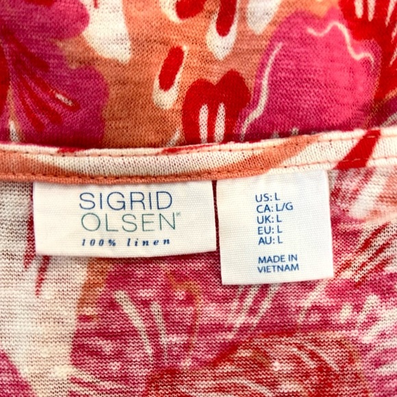 Sigrid Olson 100% Linen Floral Pink Orange Short Sleeve Round Neck Blouse Sz L - Picture 11 of 12